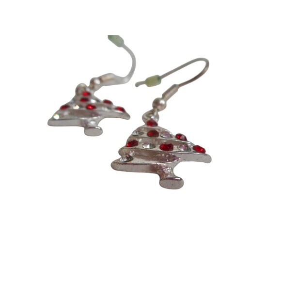 NWT Costume dangle Earrings silver holiday tree red and clear stones Christmas - Picture 2 of 3